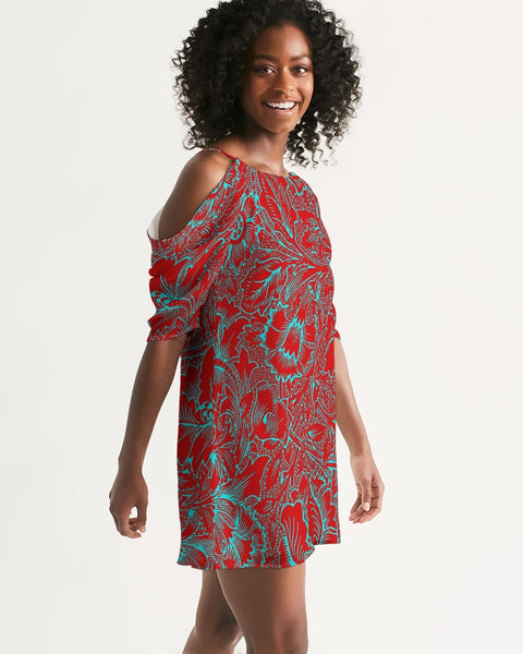 Red Blue Floral Women's Open Shoulder A-Line Dress