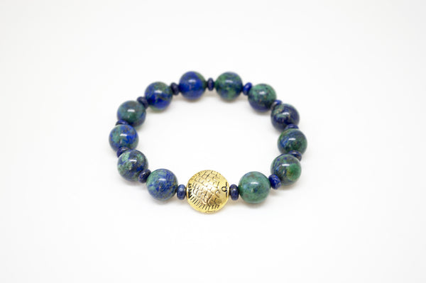 Azurite Malachite Infinity Bracelet with Lapis Roundels and Bronze Fish - 10mm