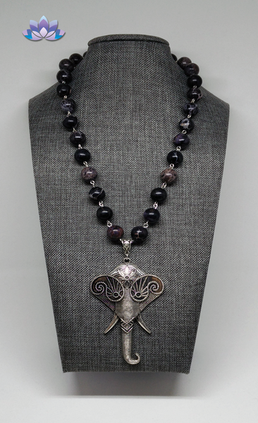 Black and Purple Jasper Necklace with Tibetan Silver Elephant Pendant
