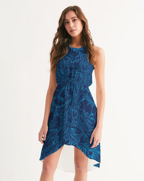 Blue Floral Women's High-Low Halter Dress