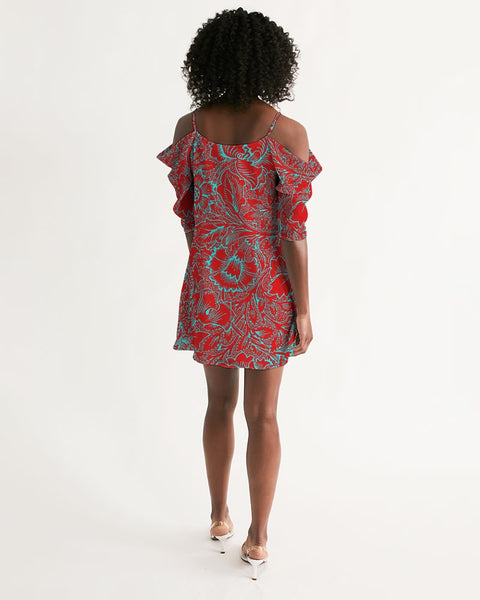 Red Blue Floral Women's Open Shoulder A-Line Dress