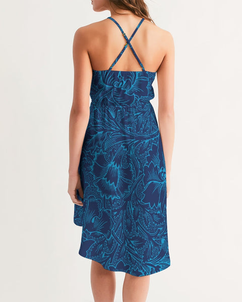 Blue Floral Women's High-Low Halter Dress
