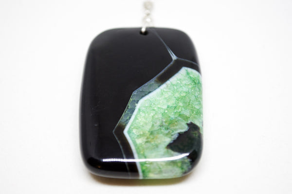 Green Agate Necklace with Silver Chain and Geode Pendant