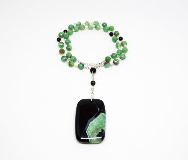 Green Agate Necklace with Silver Chain and Geode Pendant