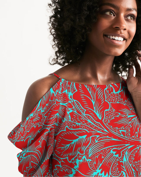 Red Blue Floral Women's Open Shoulder A-Line Dress