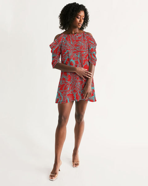 Red Blue Floral Women's Open Shoulder A-Line Dress