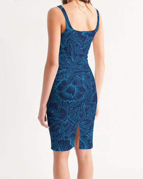 Blue Floral Women's Midi Bodycon Dress